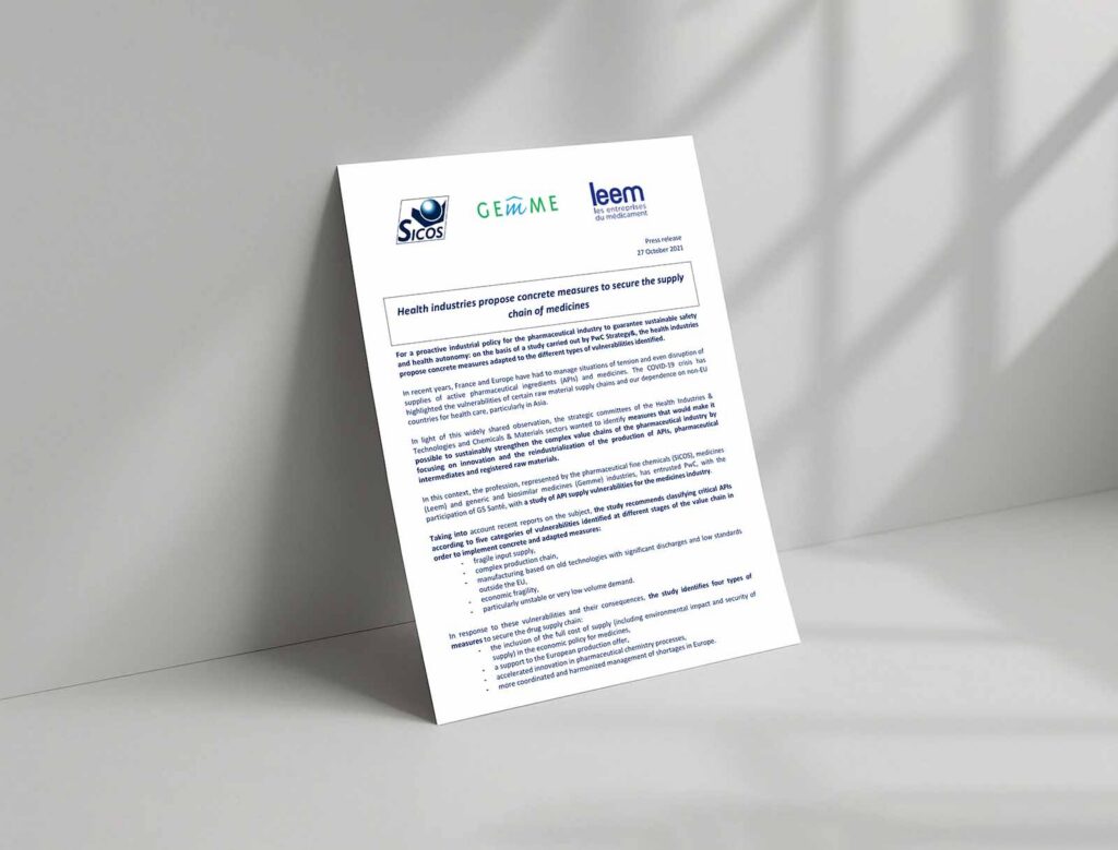 SICOS press release - Health industries propose concrete measures to secure the supply chain of medicines